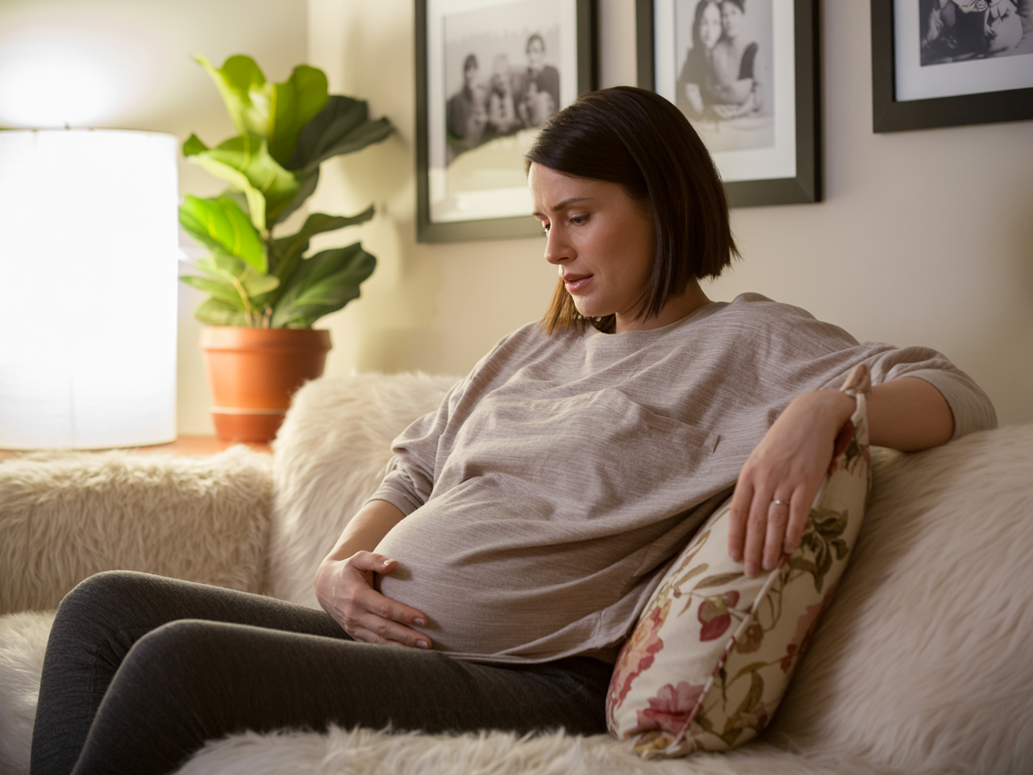 Femme enceinte assise sur un canapé ressentant des contractions de pré-travail